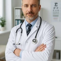 Profesjonalny portret lekarza w białym fartuchu, z stetoskopem na szyi, w jasnym nowoczesnym gabinecie, wyraz twarzy spokojny i kompetentny.