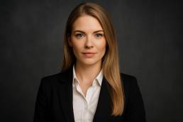Profesjonalny portret wizerunkowy kobiety w studio, elegancki strój biznesowy, naturalne światło, styl eksperta do mediów i konferencji.