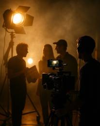Fotosista BTS – reportaż z planu filmowego, fotograf w akcji, kamera, reżyser i ekipa przy pracy, reflektory i filmowe światło.