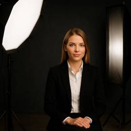 Profesjonalny portret biznesowy kobiety w studio, elegancki str&oacute;j biznesowy, naturalne światło, styl eksperta do social medi&oacute;w.